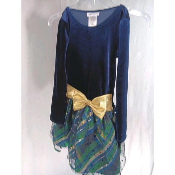 Bonnie Jean Dress Navy Green Plaid Long Sleeve Velvet Party-sz 7 Gold Bow - Picture 1 of 6